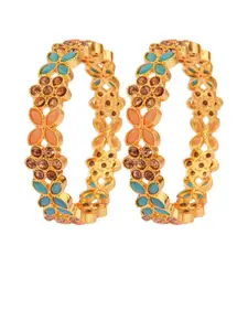 FEMMIBELLA Set Of 2 Gold-Plated Orange & Green Stone-Studded Bangles