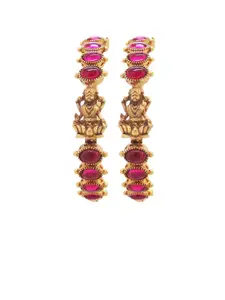 FEMMIBELLA Set Of 2 Gold-Plated Pink Stone Studded Laxmi Carved Bangles