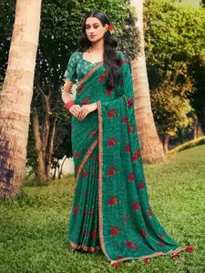 Saree mall Sea Green Red Floral Poly Chiffon Sarees