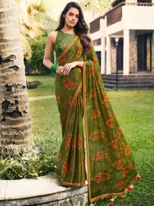 Saree mall Olive Green & Orange Floral Poly Chiffon Sarees