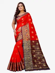 Indian Fashionista Red & Gold-Toned Woven Design Zari Art Silk Banarasi Saree