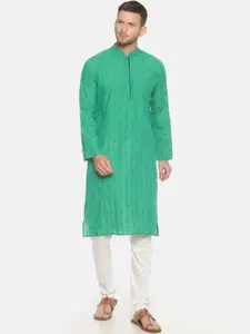 PAROKSH Men Green Printed Dobby Handloom Kurta