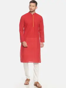 PAROKSH Men Red Woven Design Indie Prints Dobby Kurta