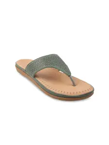 WALKWAY by Metro Women Green Textured T-Strap Flats with Laser Cuts