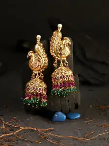 Adwitiya Collection 24CT Gold-Plated Pink & Green Peacock Shaped Temple Jhumkas Earrings