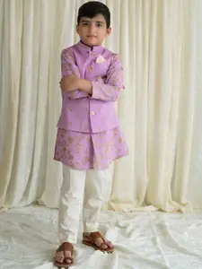 Tiber Taber Boys Floral Embroidered Pure Cotton Kurta with Pyjamas & Nehru Jacket