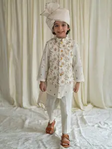 Tiber Taber Boys Floral Printed Pure Cotton Kurta with Pyjamas & Nehru Jacket