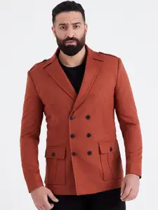 MR BUTTON Men Rust Orange Solid Slim-Fit Double Breasted Blazers