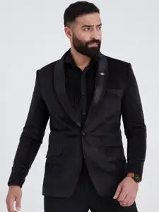 MR BUTTON Men Black Solid Single-Breasted Slim-Fit Velvet Blazers