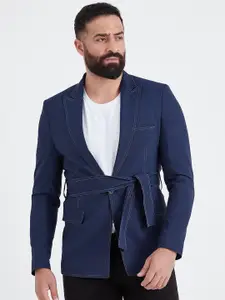 MR BUTTON Men Navy-Blue Solid Slim-Fit Single Breasted Blazer