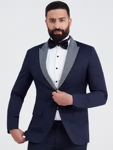 MR BUTTON Men Navy Blue Solid Slim-Fit Single-Breasted Blazers