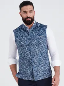 MR BUTTON Men Blue Printed Woven Nehru Jackets