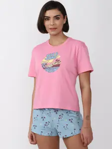 FOREVER 21 Women Pink & Blue Printed Pure Cotton Night Suit