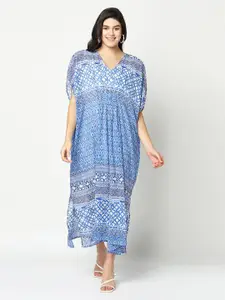 SQew Women Blue & White Ethnic Motifs Polyester Kaftan Dress