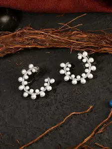 Adwitiya Collection Rhodium-Plated & White Pearl Studded Half Hoop Earring