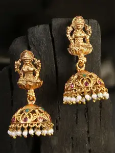Adwitiya Collection 24CT Gold-Plated & Pink Antique Temple Stone-Studded Jhumkas Earrings