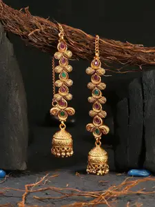 Adwitiya Collection 24 CT Gold-Plated & Pink Stone-Studded Classic Jhumkas Earrings