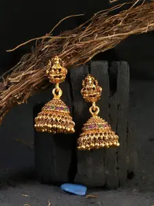 Adwitiya Collection 24CT Gold-Plated Green & Pink Antique Stone-Studded Jhumkas Earrings