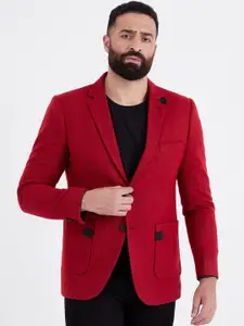 MR BUTTON Men Red Self Design Slim-Fit Single Breasted Woolen Casual Blazers