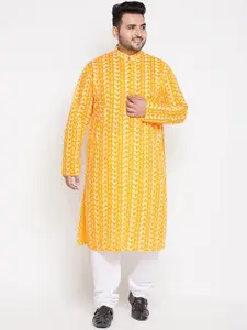 VASTRAMAY Men Orange Paisley Printed Chikankari Pure Cotton Kurta with Pyjamas