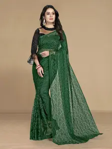 KALINI Women Green Floral Net Saree With Unstitched Blouse
