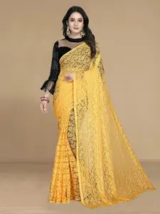 KALINI Women Yellow Floral Net Saree With Unstitched Blouse