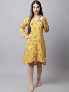 Shararat Women Yellow Printed Cotton Nightdress