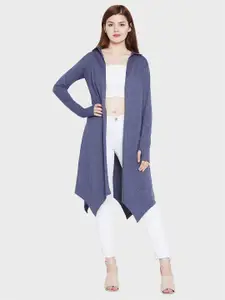 Hypernation Women Blue Solid Cotton Blend Knitted Longline Shrug