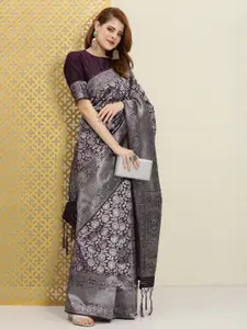 House of Pataudi Purple & Silver Woven Design Jaali Silk Blend Saree