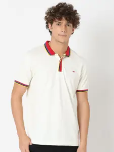 Mufti Men Off White & Red Polo Collar Slim Fit T-shirt