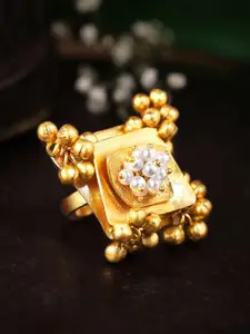 Rubans 24K Gold Plated White Pearl-Beaded Finger Ring