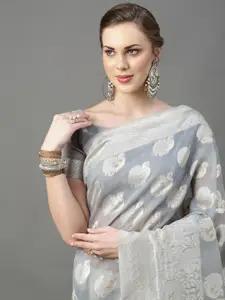 Mitera Grey & Silver-Toned Woven Design Zari Silk Cotton Saree
