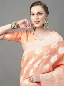 Mitera Peach-Coloured & Gold-Toned Ethnic Motifs Zari Silk Cotton Banarasi Saree