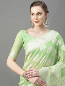 Mitera Women Green & Gold Ethnic Motifs Woven Design Zari Silk Cotton Banarasi Saree