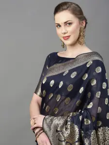 Mitera Women Navy Blue & Gold Woven Design Zari Silk Cotton Banarasi Saree