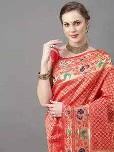 Mitera Red & Gold-Toned Woven Design Zari Silk Blend Saree