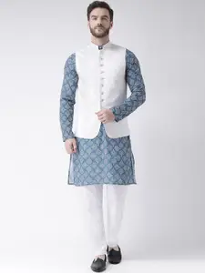 Hangup Men Blue Printed Panelled Pure Cotton Kurta with Pyjamas & Nehru Jacket