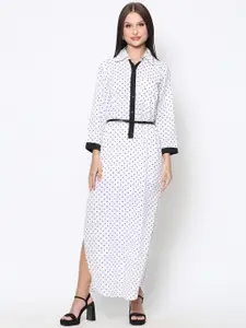 DRIRO Women Black & White Polka Dots Printed Poly Crepe Shirt Maxi Dress