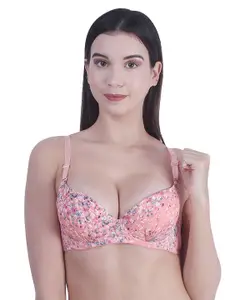 BRACHY Women Peach-Coloured & White Floral Underwired Lightly Padded Pushup T-Shirt Bra
