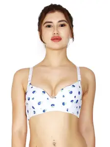 BRACHY Women White & Blue Floral Underwired Lightly Padded Lace T-Shirt Bra