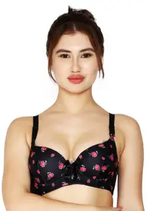 BRACHY Women Black & Pink Floral Underwired Lightly Padded Lace T-Shirt Bra