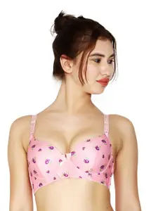 BRACHY Women Peach-Coloured & Maroon Floral Underwired Lightly Padded Lace T-Shirt Bra
