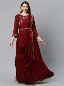 FASHOR Women Burgundy Floral  Embroidered Silk Maxi Dress