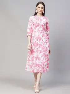 FASHOR Women Off White & Pink Floral Cotton A-Line Midi Dress