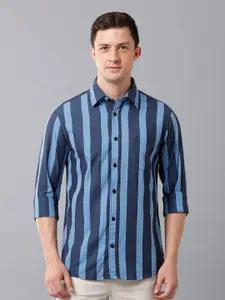 Double Two Men Navy Blue Slim Fit Striped Casual Shirt