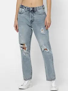 ONLY Women Blue ONLFINE HIGH RISE Straight Fit Ripped Heavy Fade Jeans