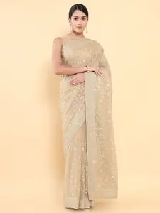 Soch Beige & Gold-Toned Ethnic Motifs Embroidered Saree