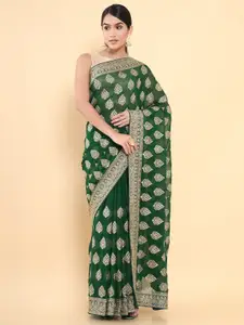 Soch Green & Gold-Toned Floral Embroidered Saree
