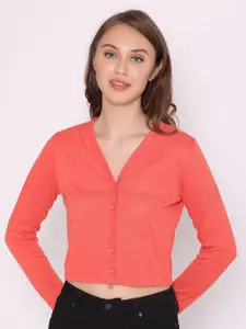 FLAWLESS Women Peach-Coloured Solid V-Neck Top