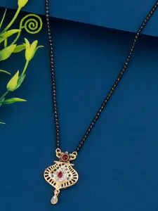 Silver Shine Gold-Plated  Stone Studded  & Beaded Mangalsutra With Earrings